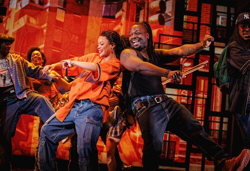 A dynamic moment from Hell’s Kitchen on Broadway, showcasing performers in vibrant streetwear against a city-inspired backdrop, capturing the energy and rhythm of New York City.